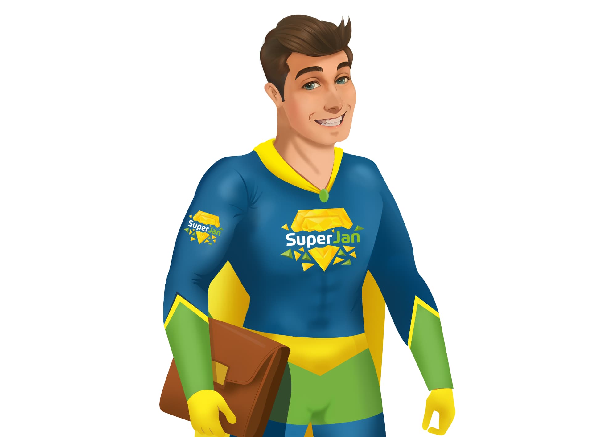 SuperJan, de mascotte van Call Agent, met aktetas