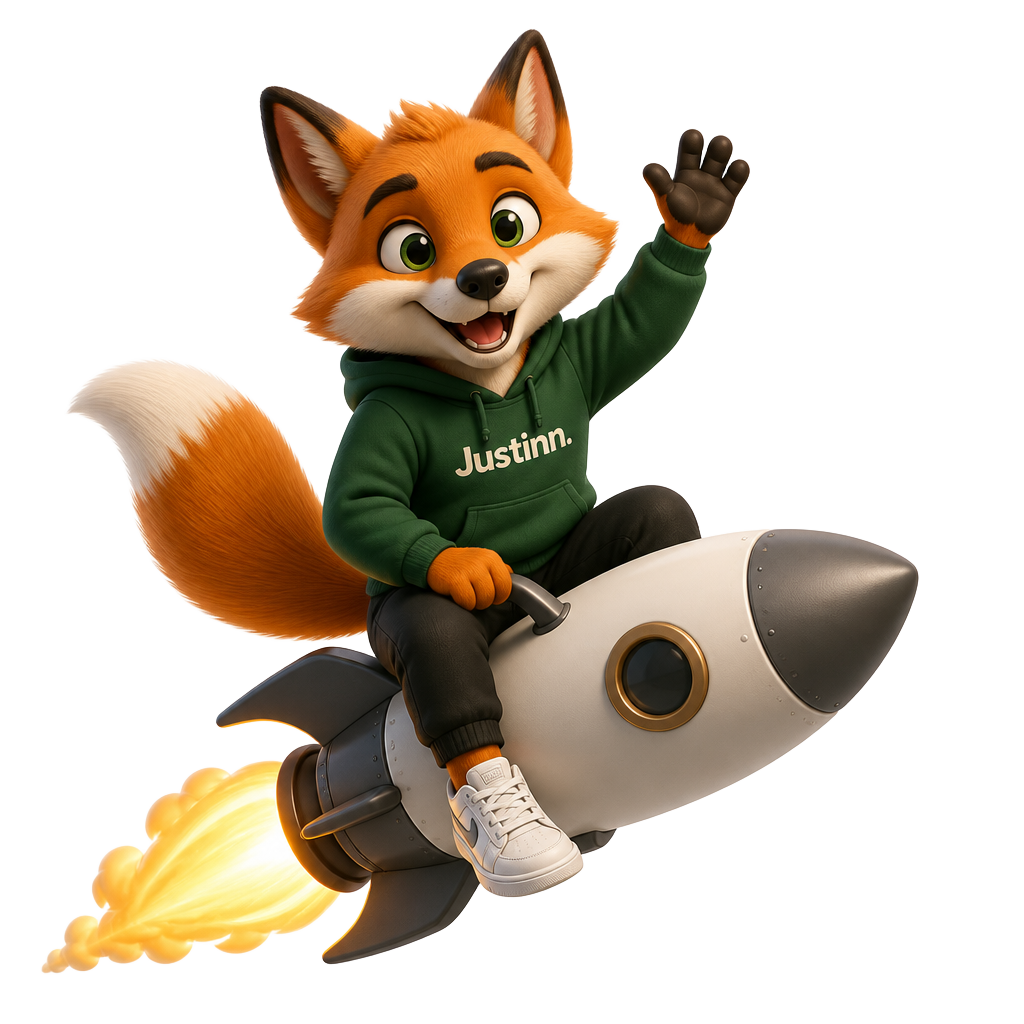 Justy, de mascotte van Justinn, op zijn raket